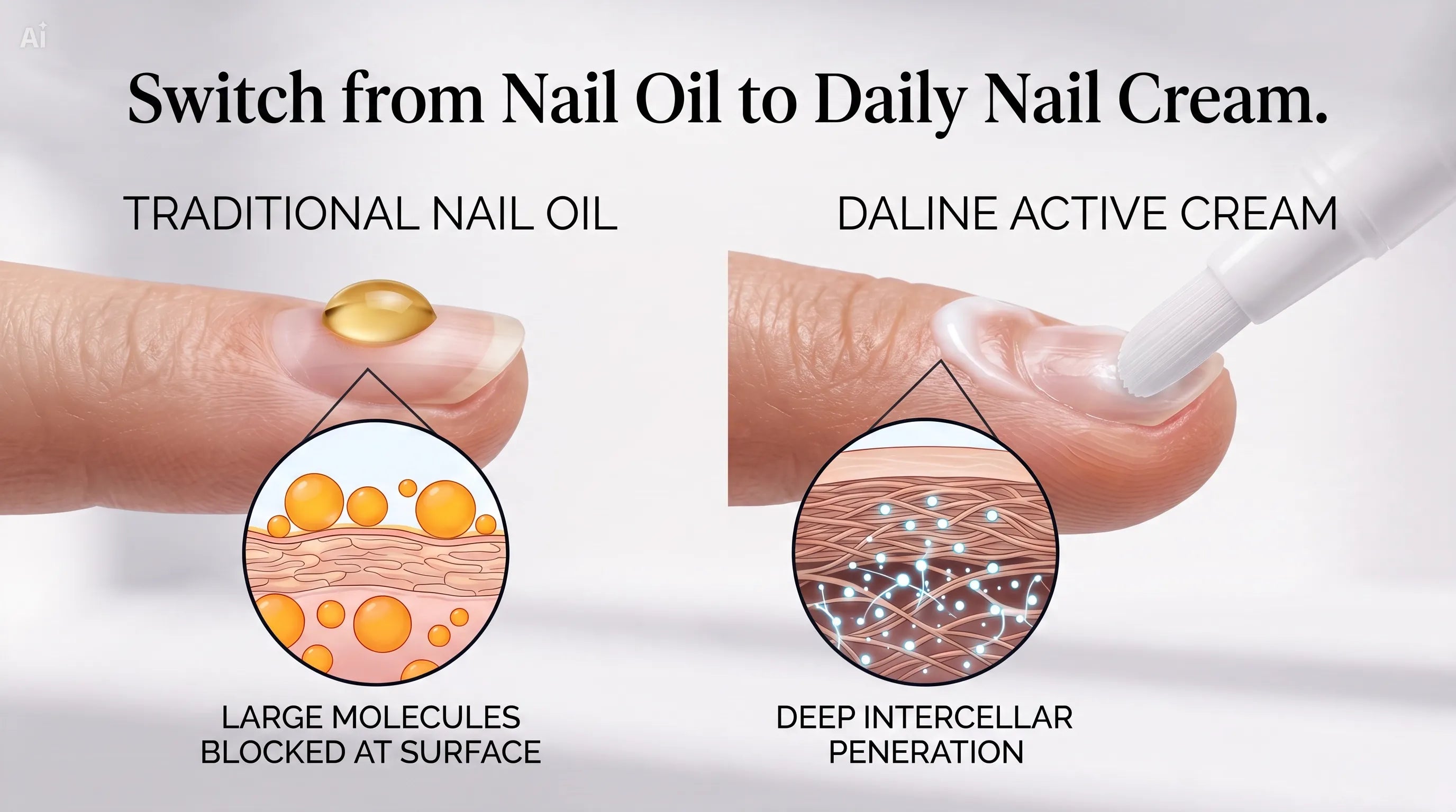 Comparison graphic showing a finger with a gold nail oil drop labeled 'Traditional Nail Oil' and a finger receiving a white cream labeled 'Daline Active Cream,' with explanatory text about large molecules blocked at the surface versus deep intercellular penetration.