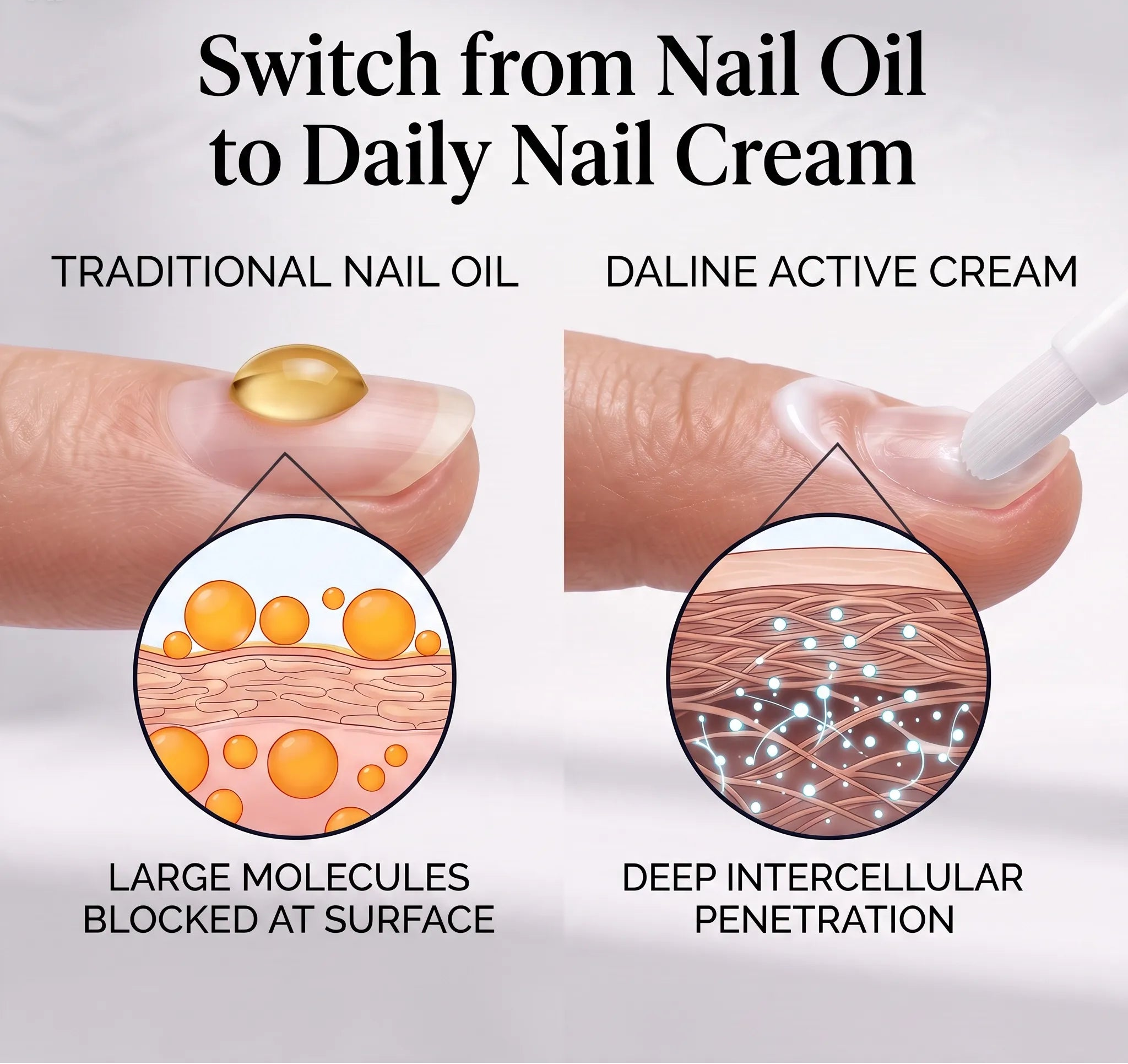 A comparison graphic for nail care showing traditional nail oil and daily nail cream. The left side shows a finger with a gold oil droplet on the nail labeled 'Traditional Nail Oil' and a circular inset explaining that large molecules are blocked at the surface.