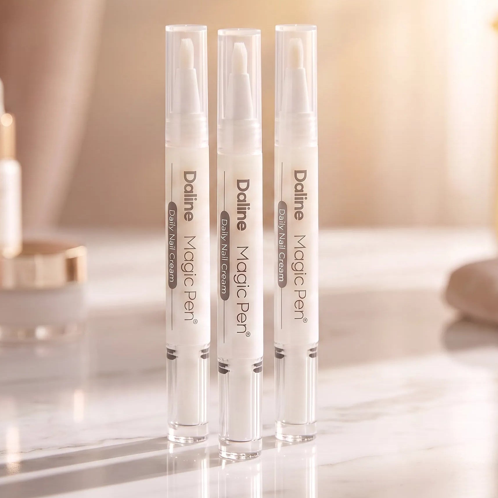 Three Daline Magic Pen correction pens standing upright on a glossy marble surface, with a softly blurred cosmetic bottle in the background.